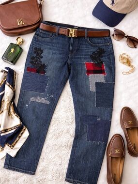 Ralph Lauren Patchwork Straight-Leg Jeans in Dark Blue with Red Accents